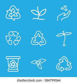 environmental icons set. Set of 9 environmental outline icons such as plant, hand with seeds, recycle bin