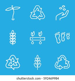 environmental icons set. Set of 9 environmental outline icons such as plant, hand with seeds, recycle
