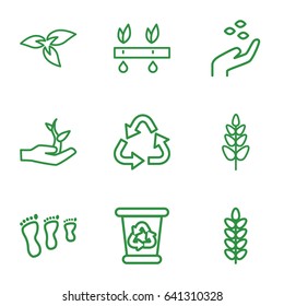 Environmental icons set. set of 9 environmental outline icons such as plant, hand with seeds, recycle bin, recycle, plant on hand