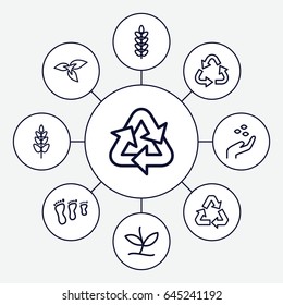 Environmental icons set. set of 9 environmental outline icons such as plant, hand with seeds, recycle