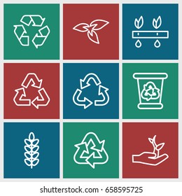 Environmental icons set. set of 9 environmental outline icons such as plant, recycle bin, recycle
