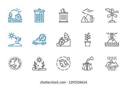 environmental icons set. Collection of environmental with global warming, pollution, environment, drought, ozone layer, eruption, plant. Editable and scalable environmental icons.