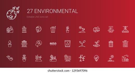 environmental icons set. Collection of environmental with renewable energy, wind turbine, solar panel, landslide, plant, footprint. Editable and scalable environmental icons.