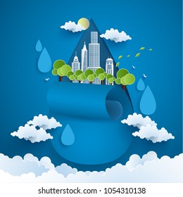 environmental illustration with the concept of paper art. keeping the water and the city.