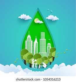 environmental illustration with the concept of paper art. keeping the water, the environment and the city.