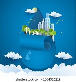 environmental illustration with the concept of paper art. keeping the water, the environment and the city.