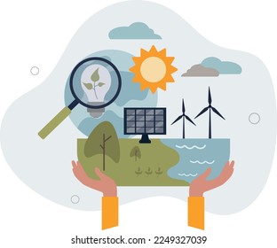 Evaluación del impacto ambiental para el análisis de efectos. Evaluación de la contaminación de la naturaleza e investigación de sostenibilidad de los tipos de energía verde con examen de las fuentes.Ilustración vectorial plana.