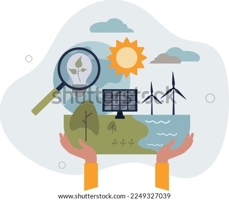 Environmental impact assessment for effect analysis.Nature pollution evaluation and green energy types sustainability research with sources examination review.flat vector illustration.