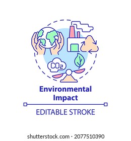 Icono de concepto de impacto ambiental. Ilustración de línea delgada de idea abstracta de emprendimiento social. Los negocios afectan el clima y la ecología. Dibujo de color de contorno aislado del vector. Trazo editable