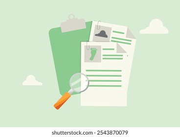 Environmental Impact Report Analysis Document Clipboard. Collect emissions Data. Environmental Data Analytics. Carbon Footprint and Ecological Data. Vector illustration