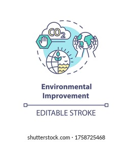 Environmental improvement concept icon. Reduce industrial waste, stop CO2 emission. Sustainable production idea thin line illustration. Vector isolated outline RGB color drawing. Editable stroke