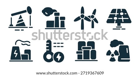 Environmental industry excellent icon collection. Construction barrier, factory pollution, wind energy, solar platform, power plant, energy temperature, storage facility, nuclear waste icons