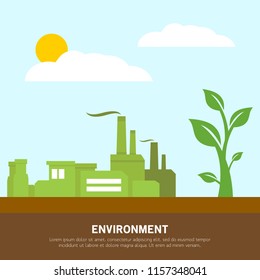 Environmental industry, factory buildings, plants, healthy environment flat design vector illustration