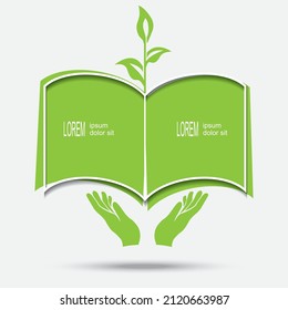 Umweltinformationsstelle Hände, die ein Buch mit grünen Seiten halten. Prout auf grünem Buch mit Platz für Text