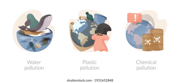 Environmental Issue Abstract Concept Vector Illustration Set. Water Pollution, Plastic Ocean, Landfill Chemical Contamination, Hazardous Waste, Climate Change, Dangerous Trash Abstract Metaphor.