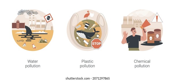 Environmental issue abstract concept vector illustration set. Water pollution, plastic ocean, landfill chemical contamination, hazardous waste, climate change, dangerous trash abstract metaphor.