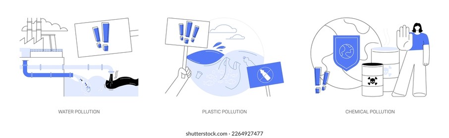 Environmental issue abstract concept vector illustration set. Water pollution, plastic ocean, landfill chemical contamination, hazardous waste, climate change, dangerous trash abstract metaphor.