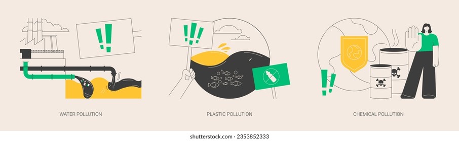 Environmental issue abstract concept vector illustration set. Water pollution, plastic ocean, landfill chemical contamination, hazardous waste, climate change, dangerous trash abstract metaphor.