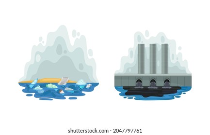 Environmental Issue and Ecological Problem with Water Contamination with Chemical Waste Vector Set