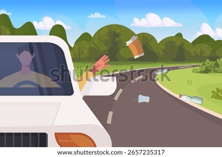 Environmental issue and irresponsible behavior as man throwing trash from car window. Environmental damage caused by careless waste disposal. Vector Not AI generated
