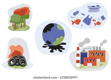 Environmental issues depicted through illustrations of pollution and destruction
