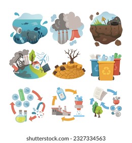 Environmental issues elements vector illustrations set. Cartoon drawings of dry ground due to drought, recycled objects, polluted water and air. Ecology, climate change, recycling, pollution concept