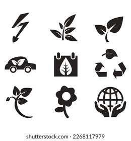 Conjunto de iconos de temas ambientales. Colección de iconos de glifos vectoriales relacionados con el medio ambiente y el clima