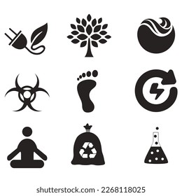 Conjunto de iconos de temas ambientales. Colección de iconos de glifos vectoriales relacionados con el medio ambiente y el clima