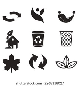 Conjunto de iconos de temas ambientales. Colección de iconos de glifos vectoriales relacionados con el medio ambiente y el clima