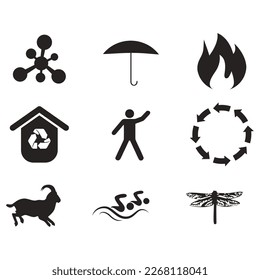 Conjunto de iconos de temas ambientales. Colección de iconos de glifos vectoriales relacionados con el medio ambiente y el clima