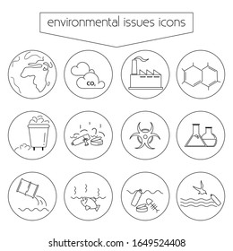 Environmental issues icons. Vector design for ECO facts infographics. Theme of ecological crisis of the planet. Environmental pollution. Clean and minimalist line style drawings.

