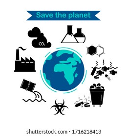 Environmental issues icons. Vector design for ECO facts infographics. Theme of ecological crisis of the planet. Environmental pollution. Clean and minimalist flat style drawings.