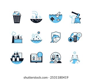 Environmental issues - line design style icons set with editable stroke. Desertification, ocean pollution, deforestation, harmful factory emissions, melting glaciers, animal extinction, global warming