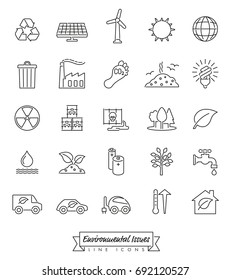 Iconos de la línea de problemas ambientales definidos. Colección de iconos de los vectores relacionados con el medio ambiente y el clima