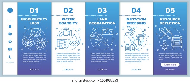 Environmental issues onboarding mobile web pages vector template. Responsive smartphone website interface idea with linear illustrations. Webpage walkthrough step screens. Color concept