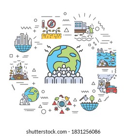 Environmental issues web banner. Infographics with linear icons on white background. Creative idea concept. Isolated outline color illustration.