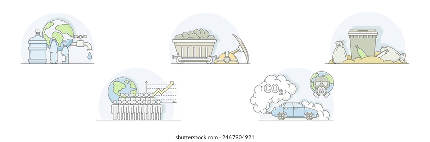 Environmental Issues and World Resources Destruction Line Vector Set