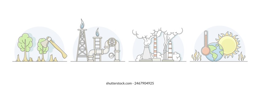 Environmental Issues and World Resources Destruction Line Vector Set