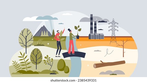 Environmental justice and CO2 control for green future tiny person concept. Carbon reduction with forestation and ecological help vector illustration. Economy and nature balance or harmony ethics.