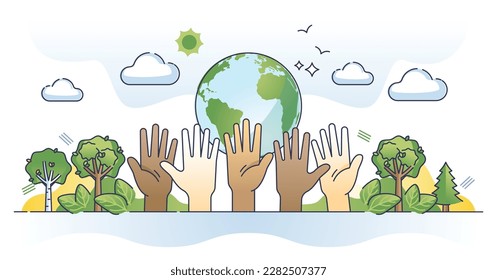 Environmental justice and sustainable cultural protection outline concept. Climate activists diversity and various racial or society groups for nature friendly ecosystem protection vector illustration