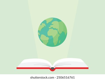 Environmental knowledge. Illustration of a glowing globe emerging from an open book, symbolizing global education and knowledge dissemination. knowledge about Earth and nature	