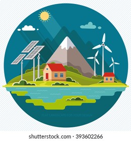 Environmental landscape cottages mountains in the background. Solar and wind energy. Construction of a public institution protection.  Flat design style vector illustration.