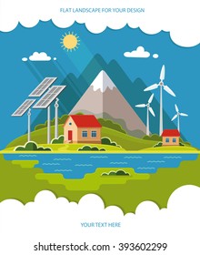 Environmental landscape cottages mountains in the background. Solar and wind energy. Construction of eco housing protection.  Flat design style vector illustration.