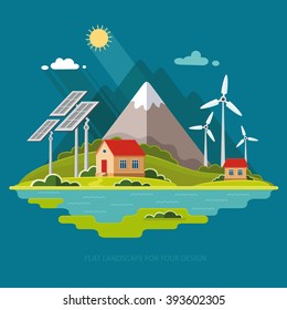 Environmental landscape cottages mountains in the background. Solar and wind energy. Construction of eco housing protection.  Flat design style vector illustration.