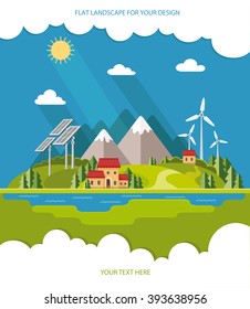 Environmental landscape cottages mountains in the background. Solar and wind energy. Construction of eco housing protection.  Flat design style vector illustration.