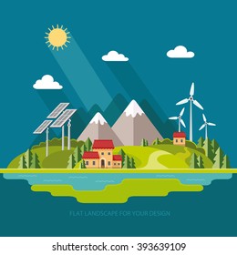 Environmental landscape cottages mountains in the background. Solar and wind energy. protection. Construction of eco housing.  Flat design style vector illustration.