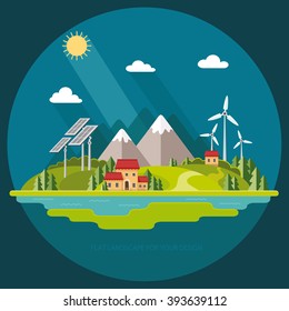 Environmental landscape cottages mountains in the background. Solar and wind energy. Construction of eco housing protection.  Flat design style vector illustration.
