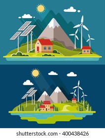 Environmental landscape cottages mountains in the background. Solar and wind energy. protection.  Flat design style vector illustration.