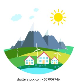 Environmental landscape cottages mountains in the background.wind energy. Environmental protection. Flat design style on white.