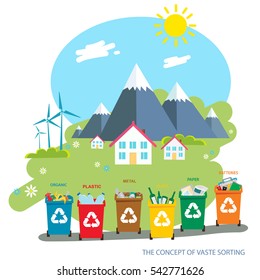 Environmental landscape cottages mountains in the background.wind energy. Environmental protection. Flat design style vector illustration.Recycle garbage bins. Separation concept. 